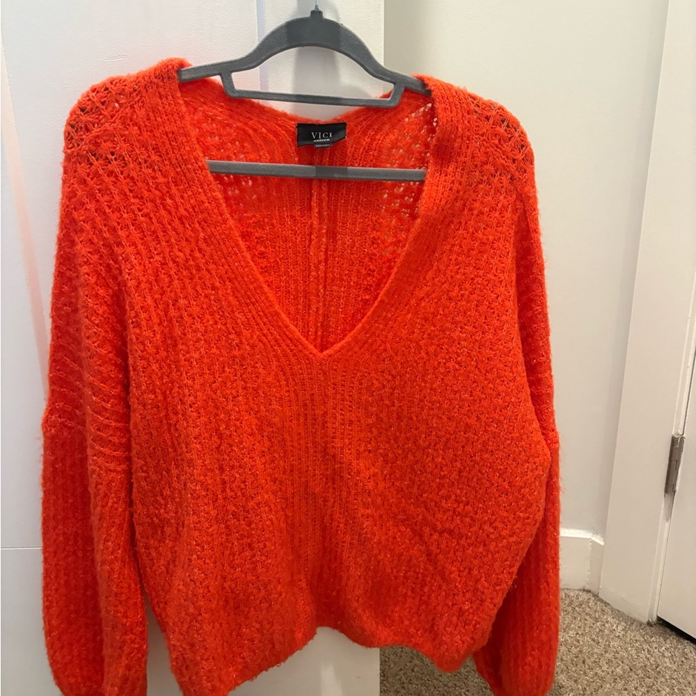 VICI Bright Orange Textured V-Neck Sweater Size M